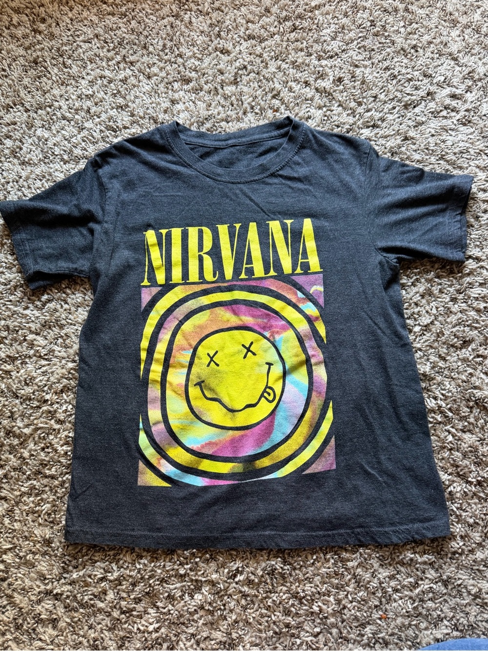 NIRVANA Black Tee with Yellow Logo and Multicolor Tie-Dye Smile